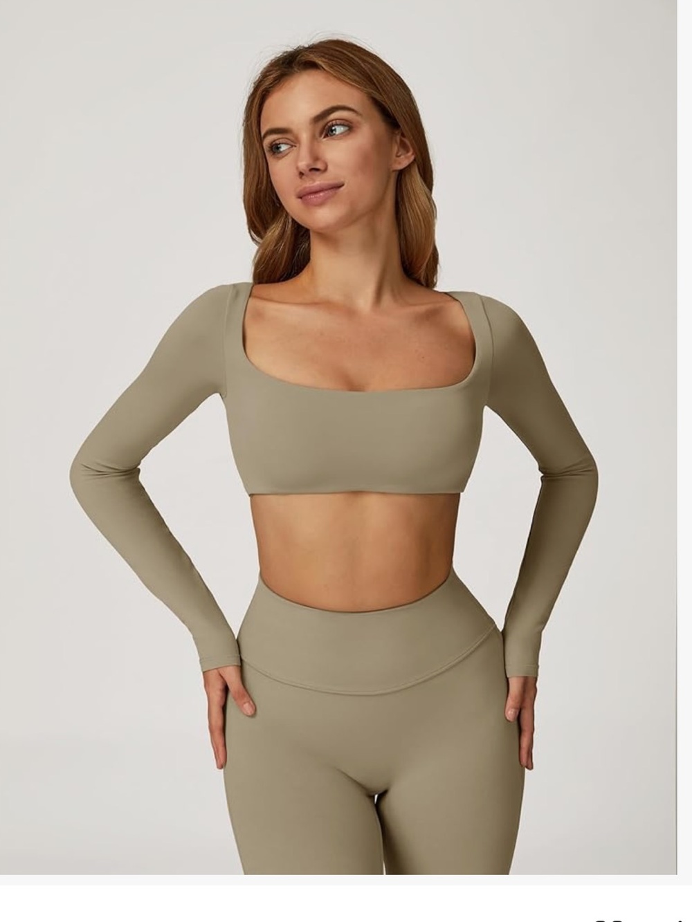 Square Neck Long Sleeve Crop Top set - nude